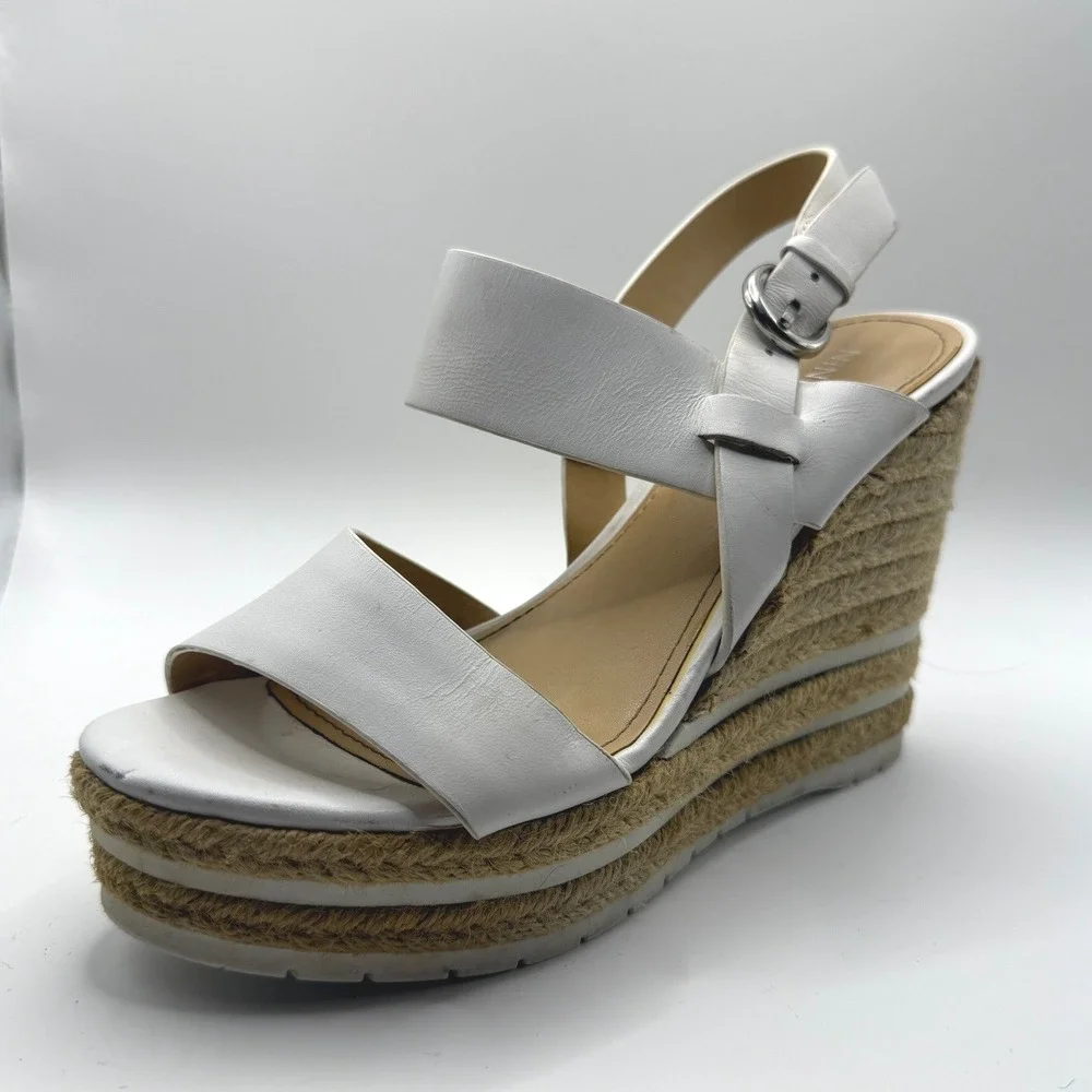 Nine West Alivia White Leather Espadrille Wedge Sandals Platform Womens 5M 208